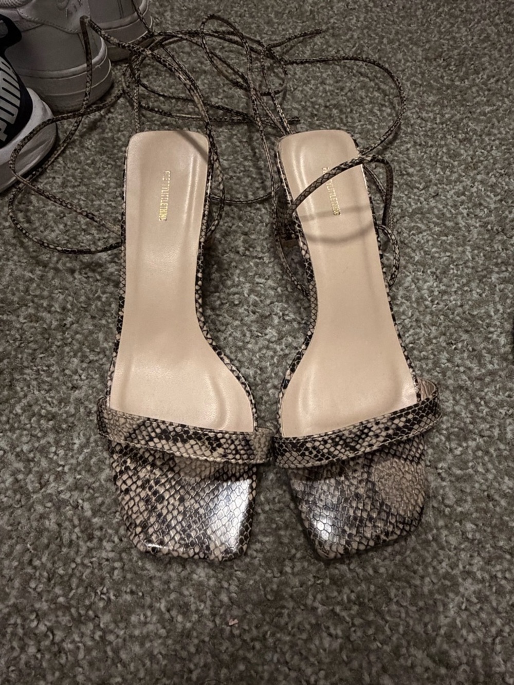 PrettyLittleThing Neutral Snake-Print Lace-Up Square-Toe Heels